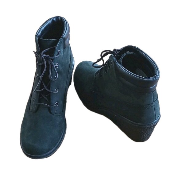 Timberland Amston Black Suede Wedge Heel Boots Womens Sz 7 Lace Up Ankle Booties - Picture 4 of 12